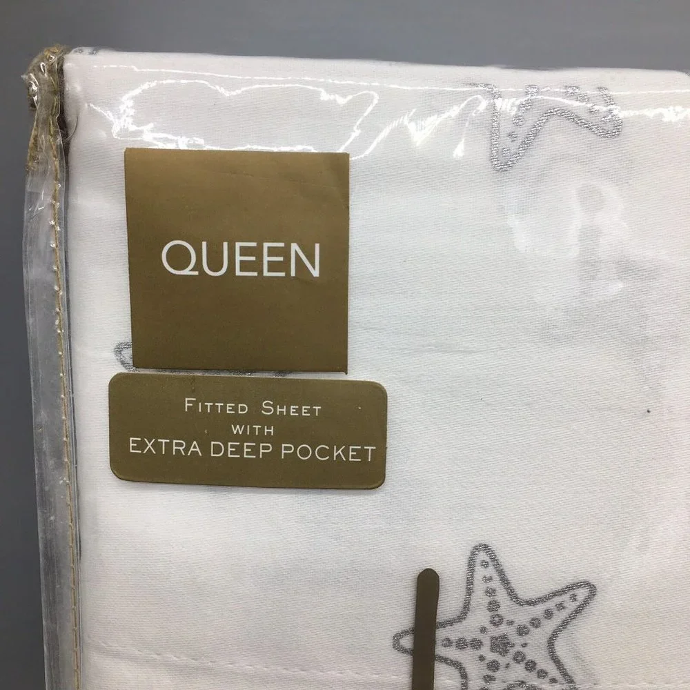 Nicole Miller Silver Starfish QUEEN Sheet Set Beach Ocean Shimmer 100% Cotton